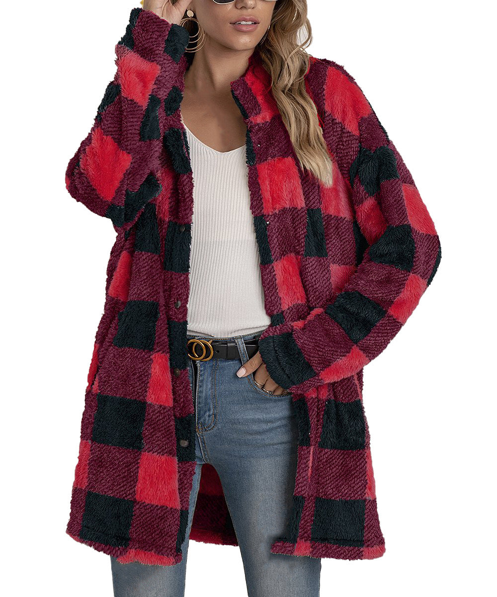 Damen Fleecejacke mit Karomuster und praktischen Taschen EB