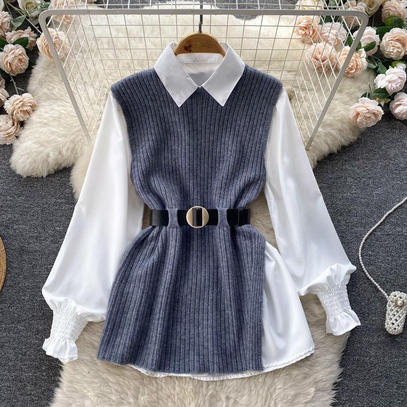 Damen Lagenlook-Bluse mit Rippstrick-Überwurf und Taillengürtel EB