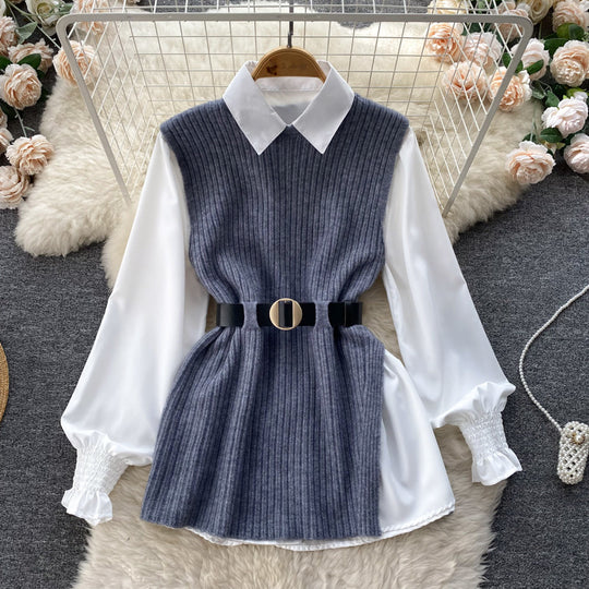 Damen Lagenlook-Bluse mit Rippstrick-Überwurf und Taillengürtel EB