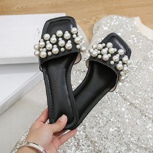 Damen Elegante Slides mit perlenverzierter Riemenstruktur EB