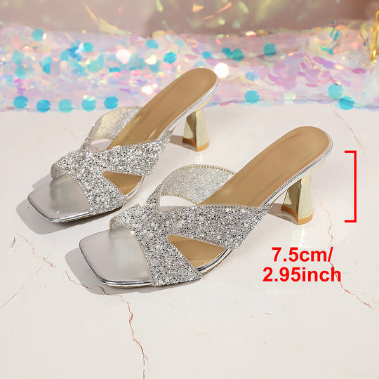 Damen Glamouröse High Heel Pantoletten mit glitzernden Riemen EB