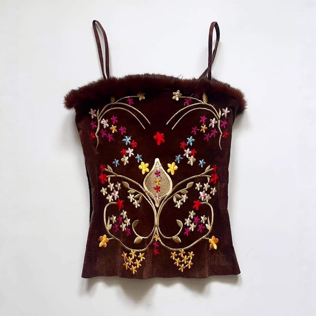 Damen Samt-Blusentop mit floralen Stickereien EB
