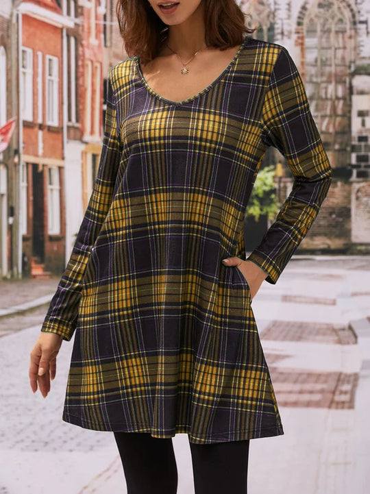 Damen Karo Freizeitkleid mit praktischen Seitentaschen EB