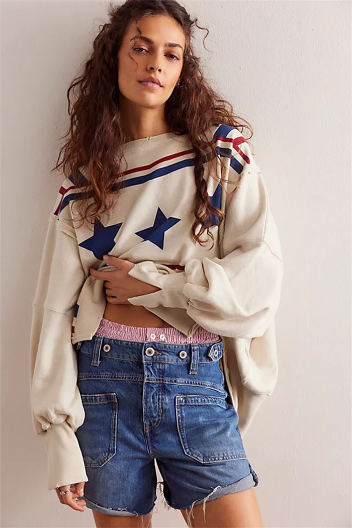 Damen oversized Sweatshirt mit Rüben-Print, ausgefransten Nahtakzenten und Daumenlochärmeln Eichborn Berlin