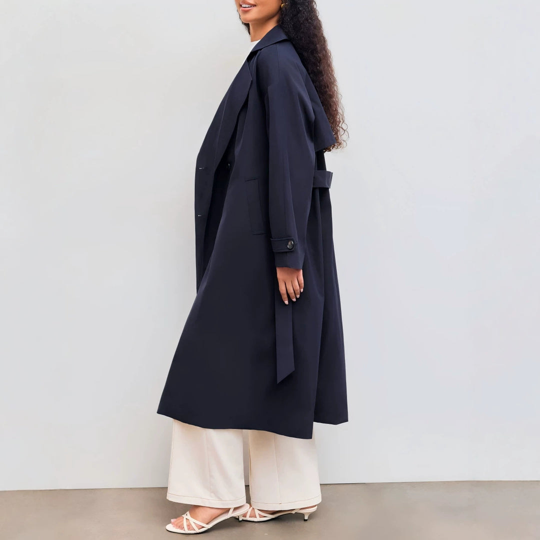 Damen Langer Trenchcoat-Mantel mit weiter Silhouette, Reverskragen und Taillengürtel EB