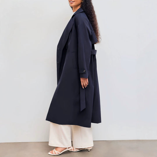 Damen Langer Trenchcoat-Mantel mit weiter Silhouette, Reverskragen und Taillengürtel EB