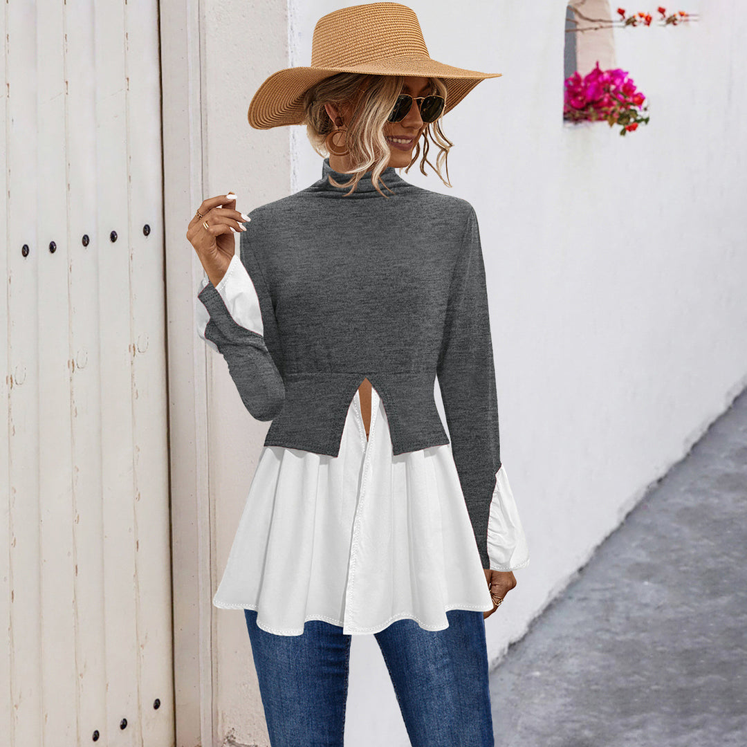 Damen Modisches Hemdblusenshirt mit hohem Kragen und asymmetrischem Schnitt EB