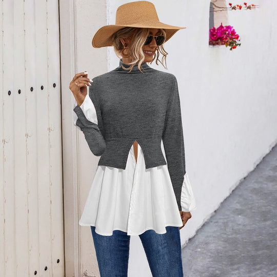 Damen Modisches Hemdblusenshirt mit hohem Kragen und asymmetrischem Schnitt EB