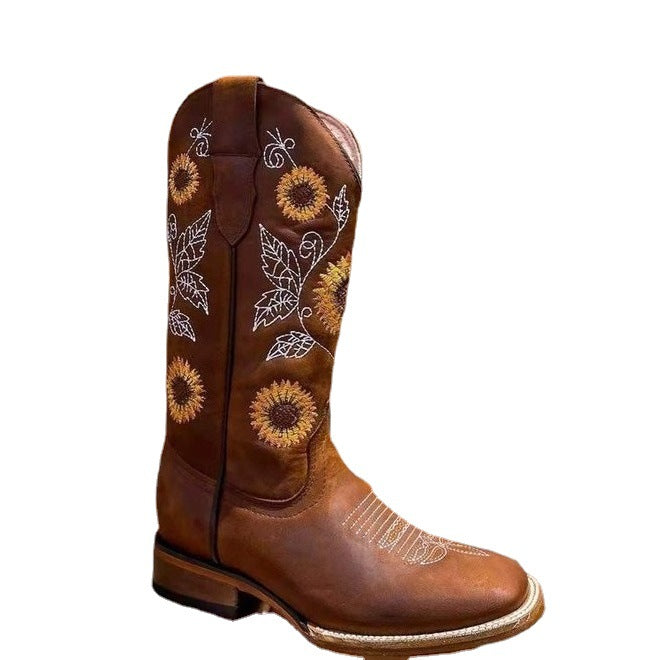 Damen Cowboy-Stiefel mit floralem Stickdesign und robustem Blockabsatz EB