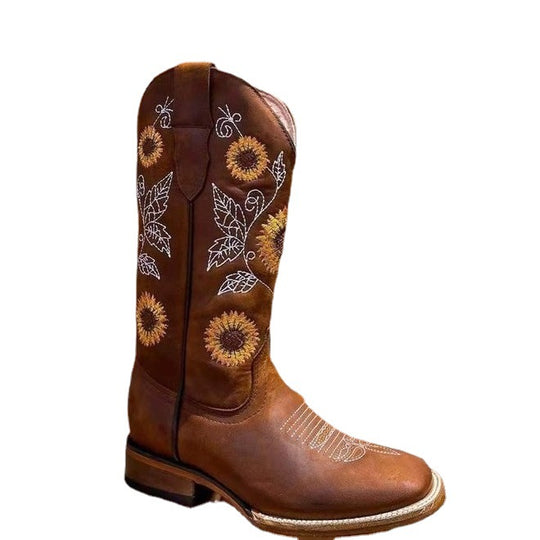 Damen Cowboy-Stiefel mit floralem Stickdesign und robustem Blockabsatz EB
