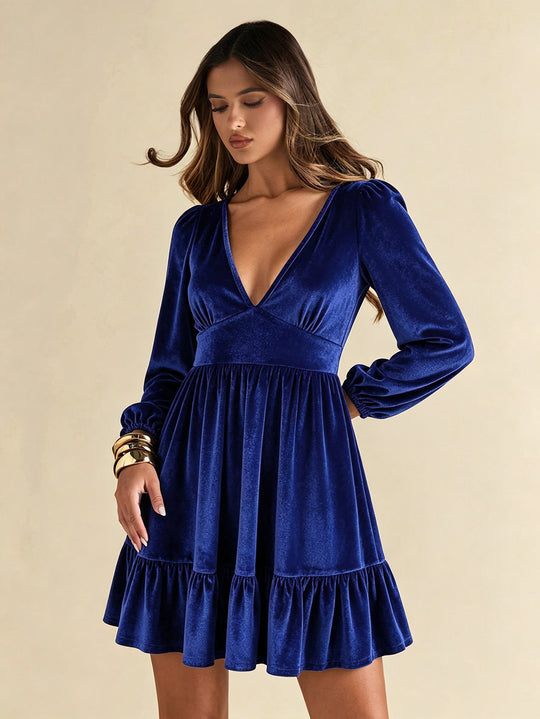 Damen elegantes Samt-Stufenminikleid mit tiefem V-Ausschnitt, taillierter Empire-Passe und voluminösen Ballonärmeln Eichborn Berlin