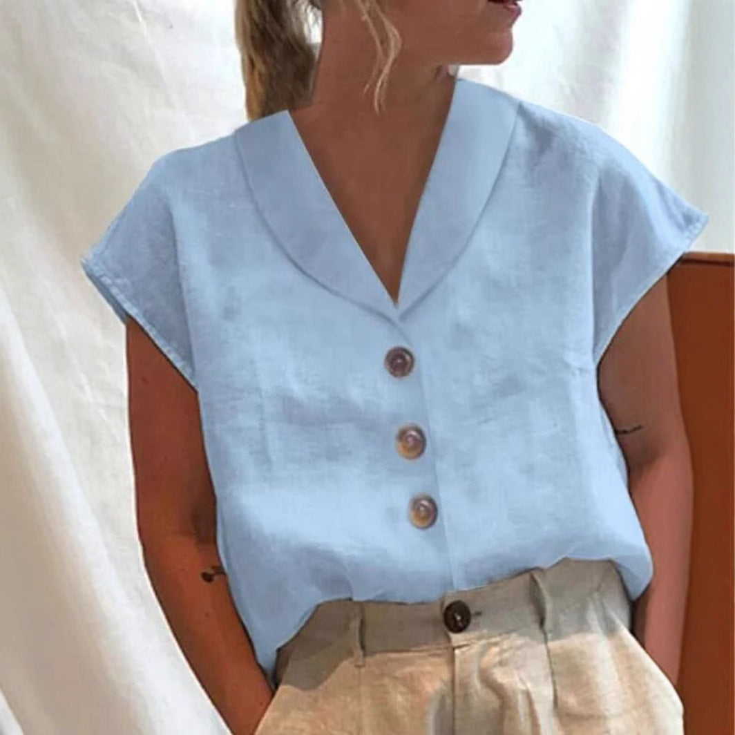 Damen nan luftige Leinenbluse mit weitem V-Kragen, überschnittener Schulter und Zierknopfleiste EB