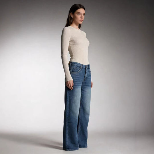 Damen nan hochgeschnittene Weitbein-Jeans mit tonaler Seitennaht und verwaschenem Verlauf EB