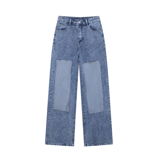 Damen weite Denim-Hose mit Patch-Design EB