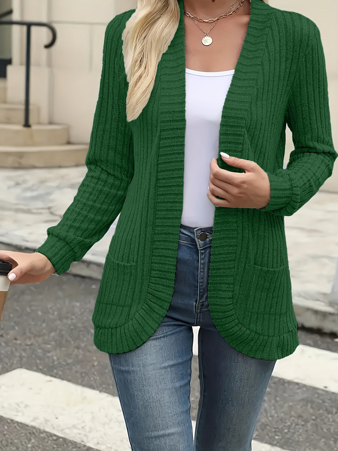 Damen Strickjacke mit offenen Front und praktischen Taschen EB