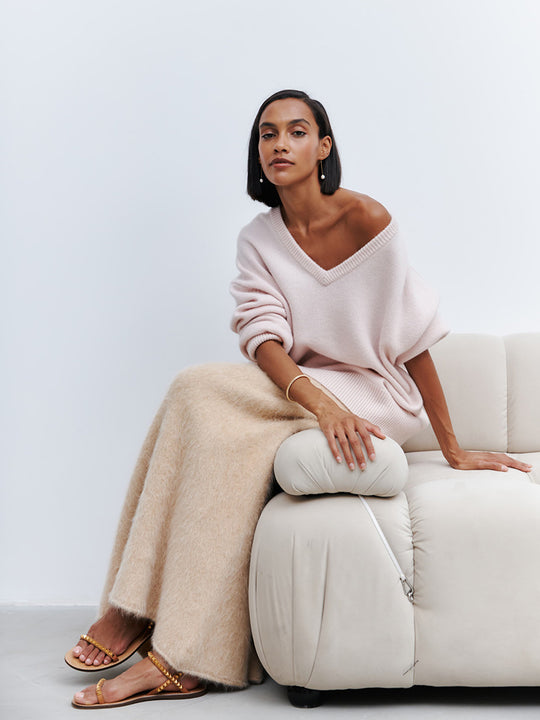 Damen Oversized V-Ausschnitt Strickpullover EB