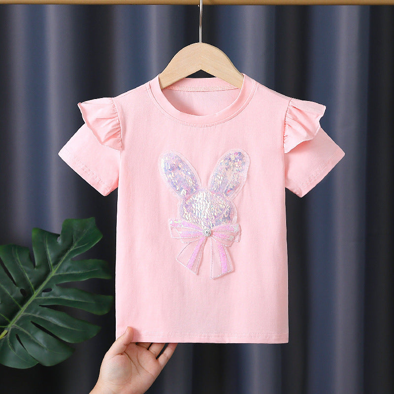 Mädchen T-Shirt mit aufgesticktem Häschen und Rüschendetails EB