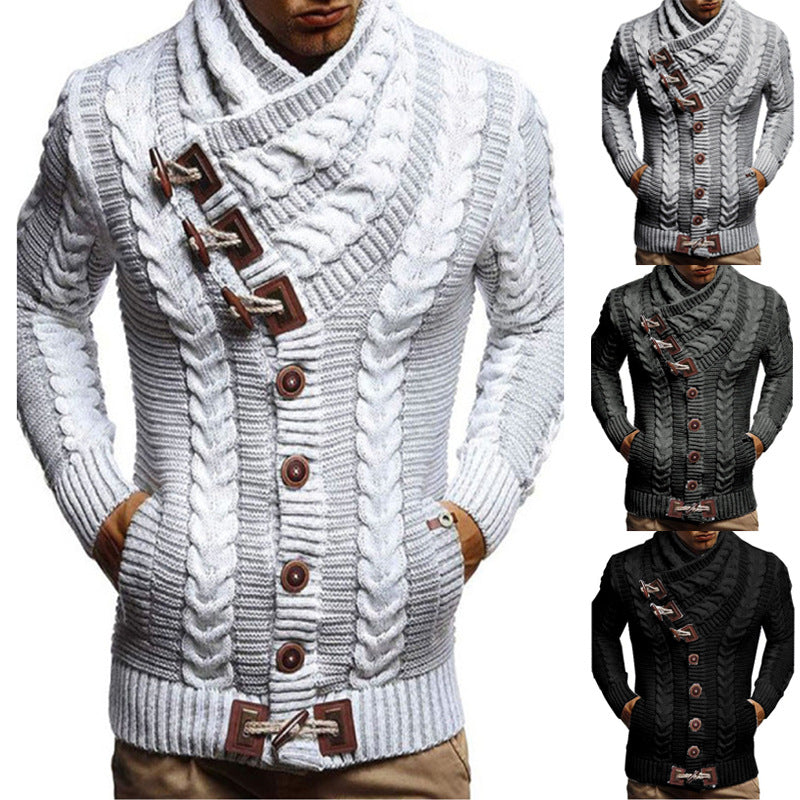 Herren Grobstrickjacke mit kreativem Schalkragen und Knopfdetails EB