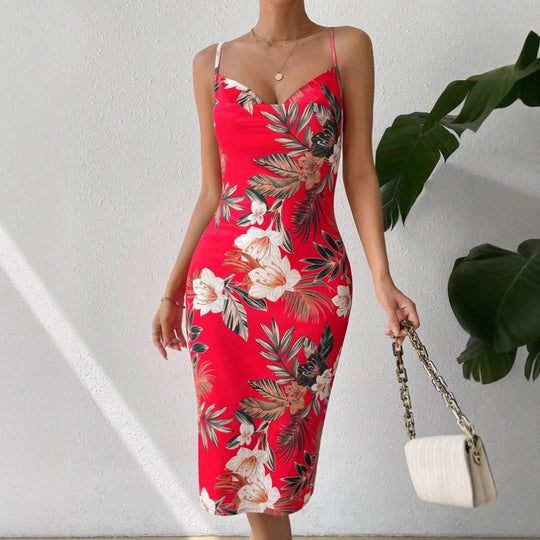 Damen Midi-Kleid mit floralem Design und verstellbarem Rückenschnürung EB