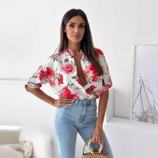 Damen blumige Oversize-Bluse mit kurzen Ärmeln EB