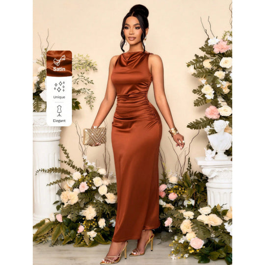 Damen elegantes, figurbetontes Maxikleid mit raffinierten Rüschendetails EB