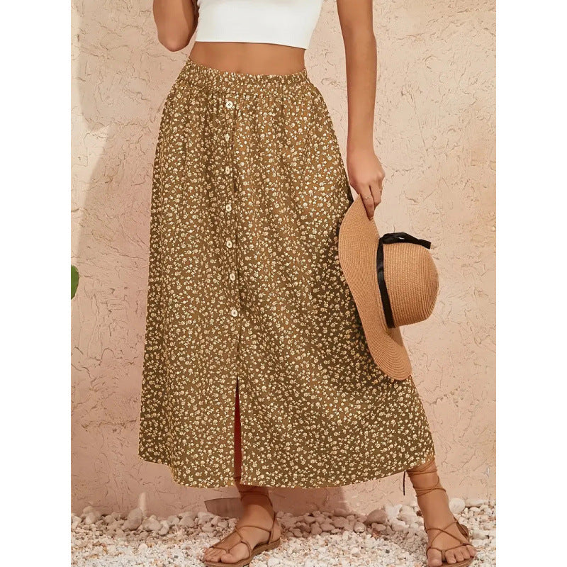 Damen Maxirock mit floralem Design und Knopfdetails EB