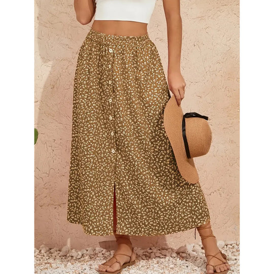 Damen Maxirock mit floralem Design und Knopfdetails EB
