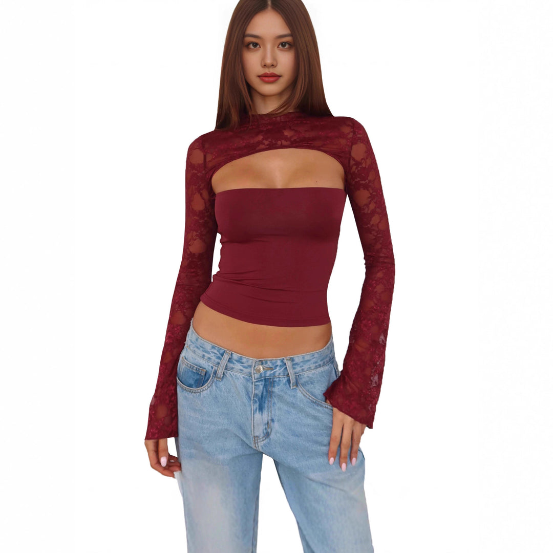 Damen Spitzenoberteil mit innovativem Cut-Out und langen Ärmeln EB
