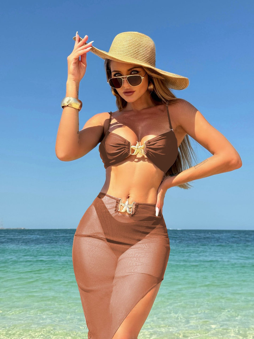 Damen Bikini mit einzigartiger Schnalle und transparentem Rock EB