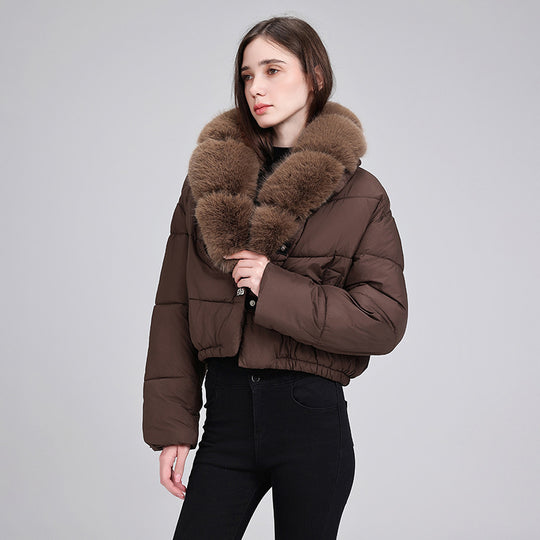 Damen nan cropped Isolationsjacke mit voluminösem Kunstpelz-Schalkragen und elastischem Saum EB