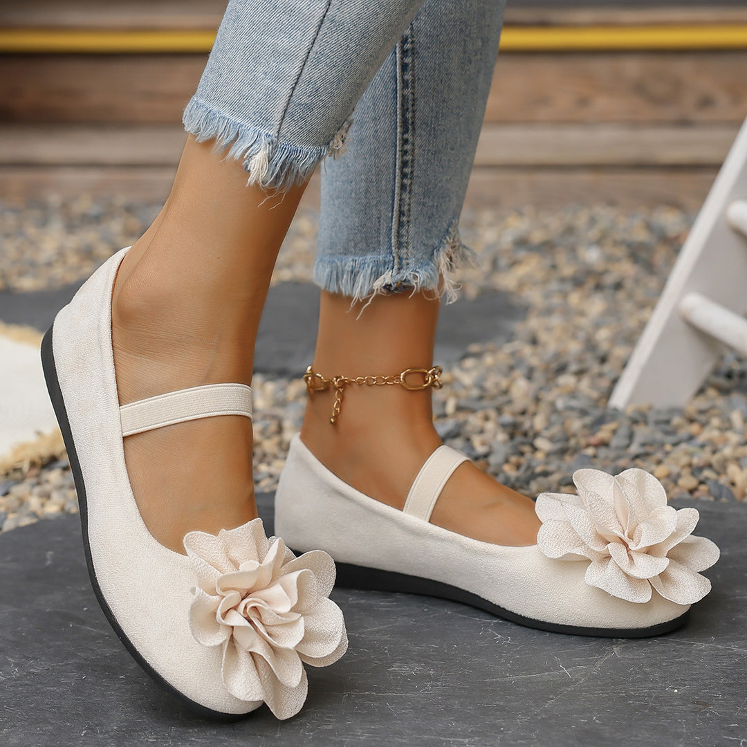 Damen Ballerinas mit floralem 3D-Blüten-Design und elastischem Riemen EB
