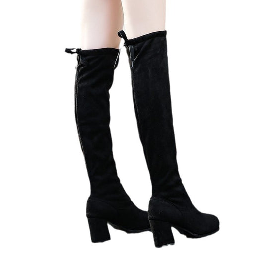 Damen modische Overkneestiefel mit Blockabsatz und raffiniertem Schnürdetail EB