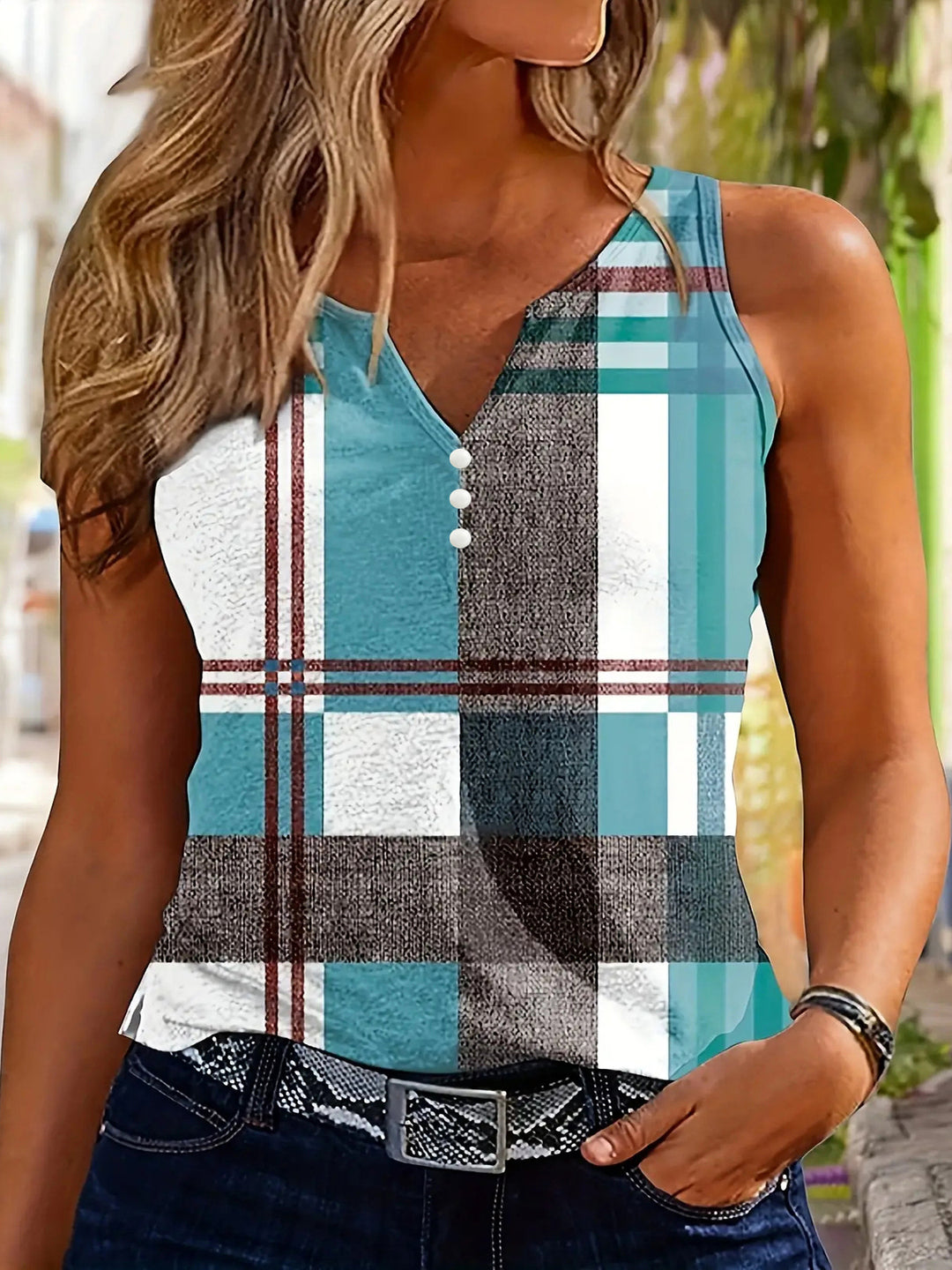 Damen ärmelloses V-Neck Top mit dekorativem Knopfdetail und modernem Karomuster EB