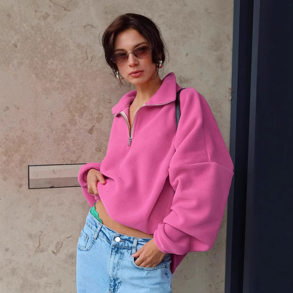 Damen lässiger Fleece-Pullover mit halbem Reißverschluss und oversized Schnitt EB