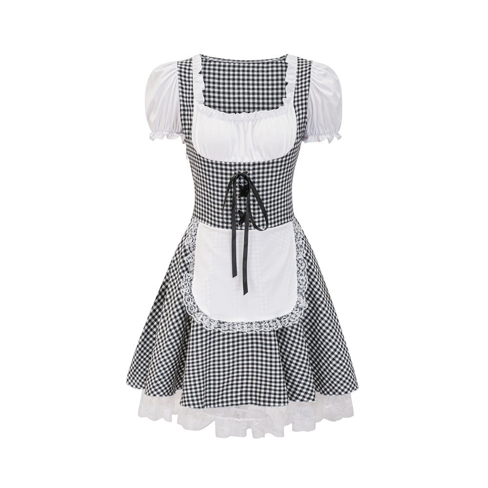 Damen Dirndlkleid mit traditionellem Karomuster und romantischen Rüschendetails EB