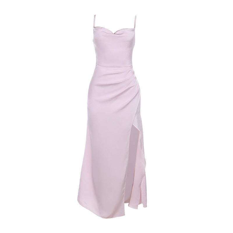 Damen Satin-Maxikleid mit elegantem Stehkragen und seitlichem Schlitz EB