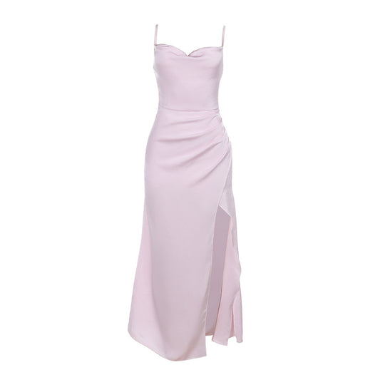 Damen Satin-Maxikleid mit elegantem Stehkragen und seitlichem Schlitz EB