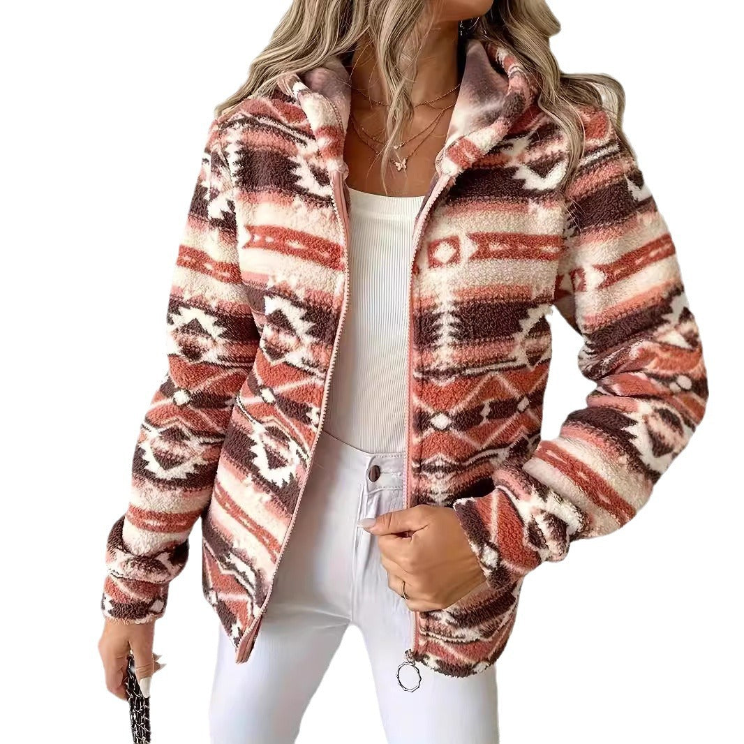 Damen Fleecejacke mit geometrischem Muster und hochwertiger Verarbeitung EB