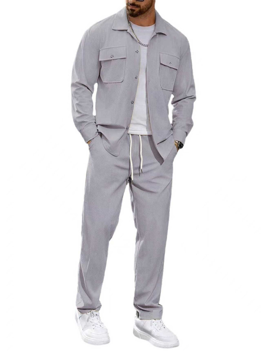 Herren nan lässiger Zweiteiler Hemdjacke mit aufgesetzten Brusttaschen und Kordelzughose EB