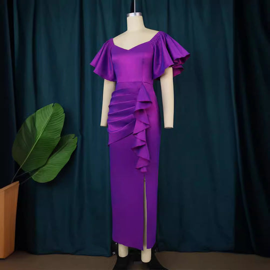 Damen Elegantes Maxikleid mit voluminösen Ärmeln und asymmetrischem Rüschen-Design EB