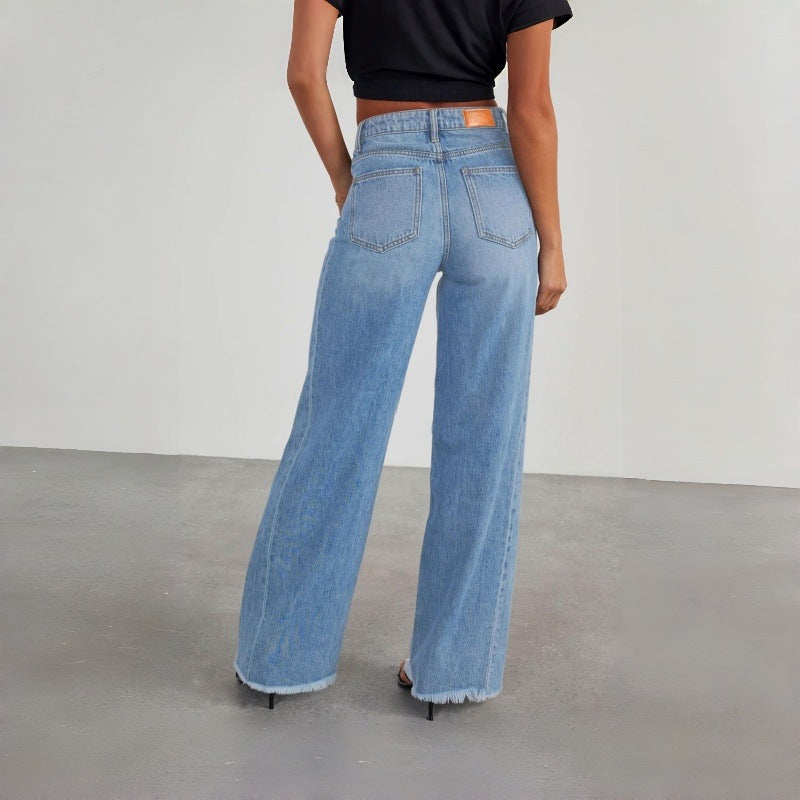 Damen Weite Denim-Hose mit rohem Saum und praktischen Taschen EB