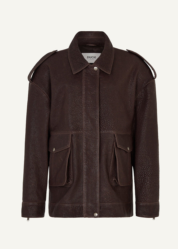 EB | Edge - Dunkelbraune Lederjacke mit Utility-Taschen