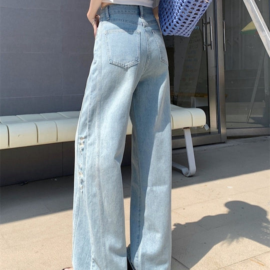 Damen Weite Jeans mit modischen Rissen und hohem Bund EB