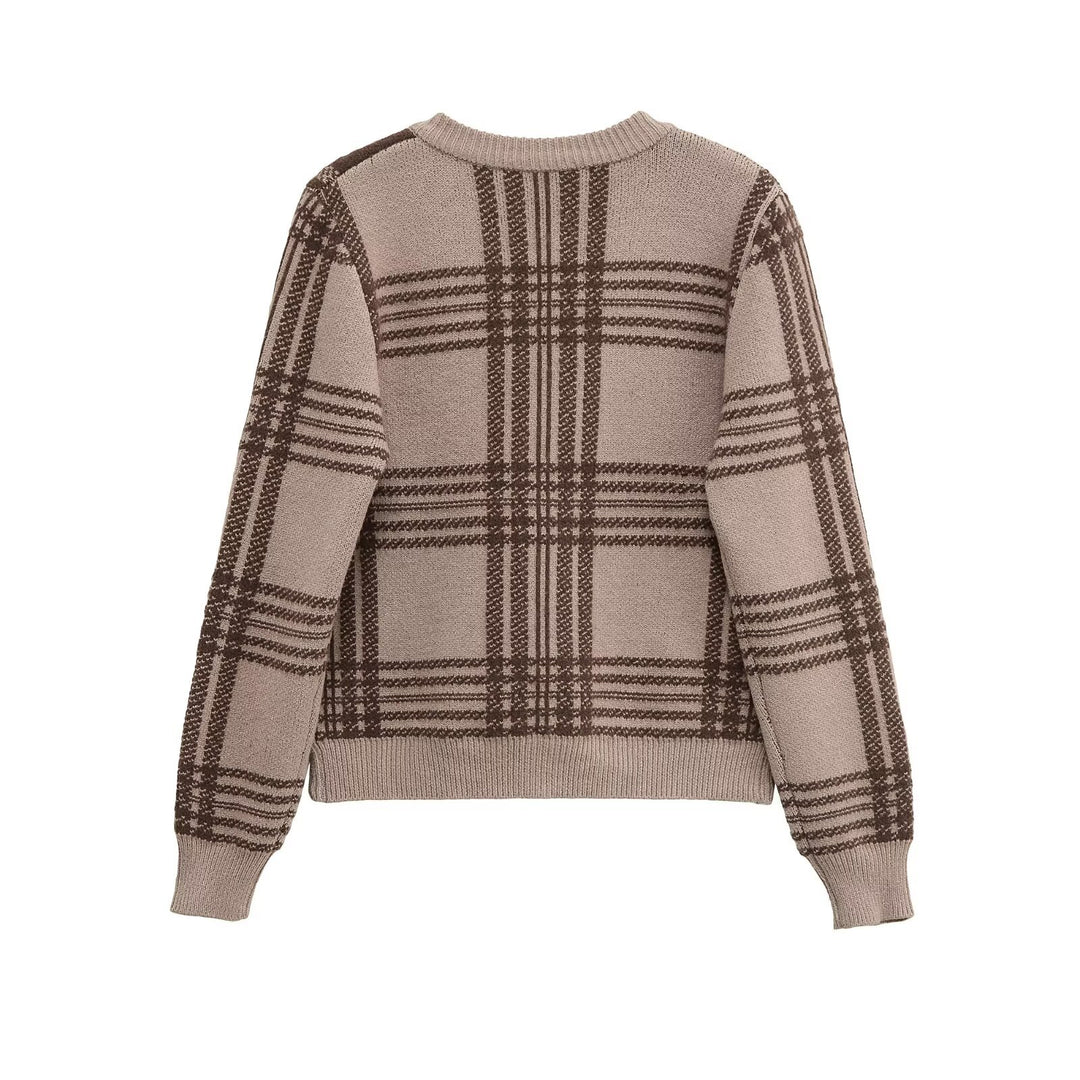 Damen Karierte Strickjacke mit Knopfleiste und Rundhalsausschnitt EB