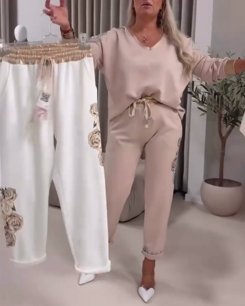 Damen Sportoutfit mit dekorativen Blumenprints und elastischem Bund Heidi-Mode