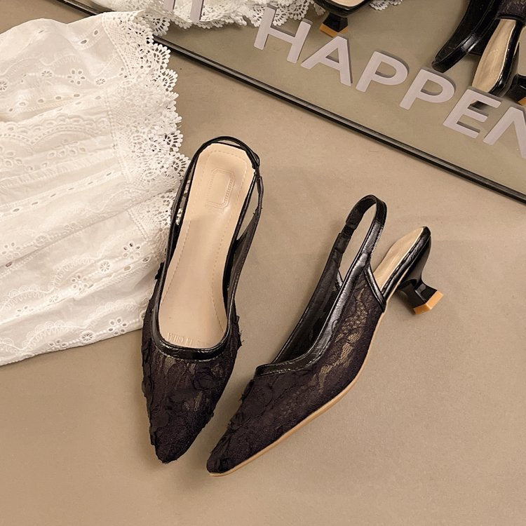Damen Slingback-Pumps mit zartem Spitzen-Design und dekorativer Blumenapplikation EB