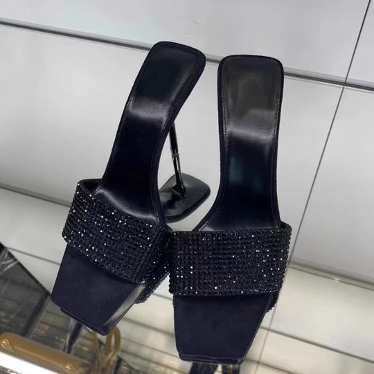 Damen glamouröse High Heel Mules mit funkelnden Strassdetails EB