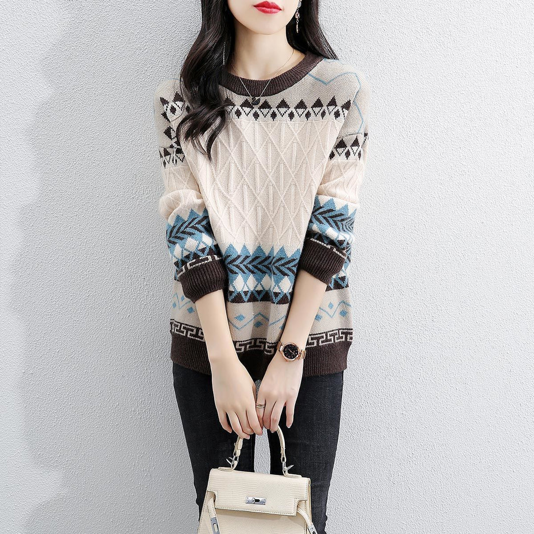 Damen Grob gestrickter Pullover mit geometrischem Muster und Rundhalsausschnitt EB