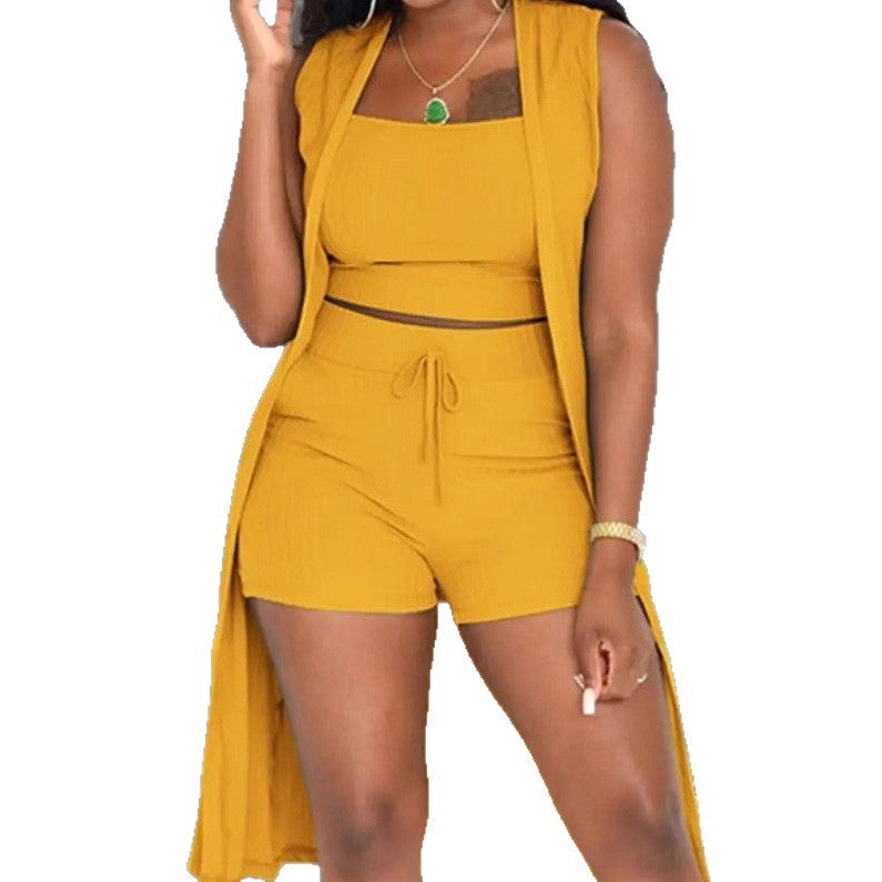 Damen lässiges 3-teiliges Set bestehend aus Crop-Top, Shorts und langem Cardigan EB