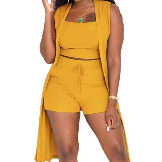 Damen lässiges 3-teiliges Set bestehend aus Crop-Top, Shorts und langem Cardigan EB